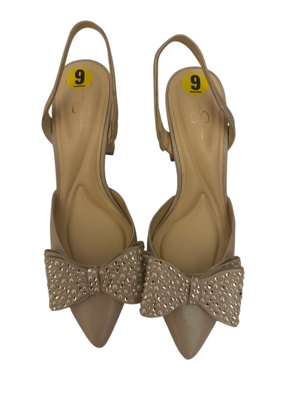 Jessica Simpson Naomia slingback heels champagne bow rhinestone-embellished 9